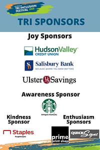 TRI Sponsors of the 2nd Annual TRI Inclusion Festival 2023 lists the following: Toy Sponsors- Hudson Valley Credit Union, Salisburry Bank- because where you bank matters, Ulster Savings. Awareness Sponsor: Starbucks- Arlington. Kindness Sponsor: Staples-Poughkeepsie. Enthusiasm Sponsors: prime print shop & QuickSigns.
