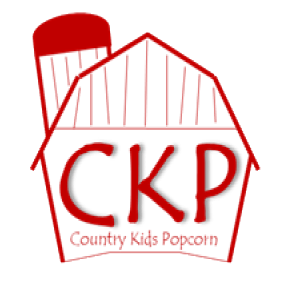 A red outlined barn house with a chimney and the letters CKP with the words Country Kids Popcorn under the letters