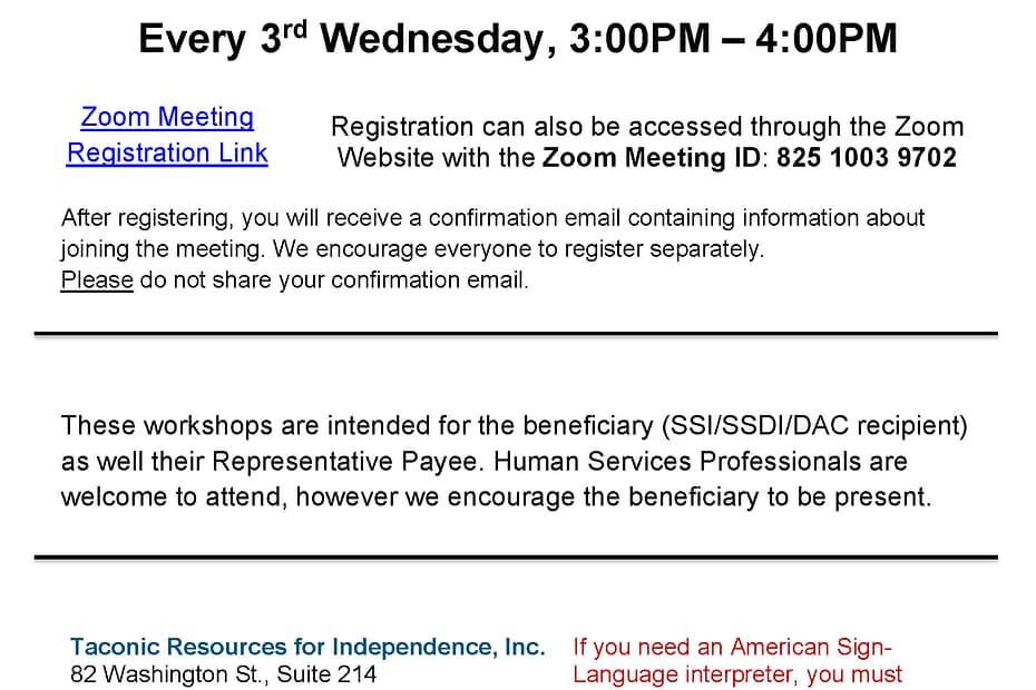 Image of flyer for monthly Workincentives workshop. Scroll down for additional image to obtain a PDF copy