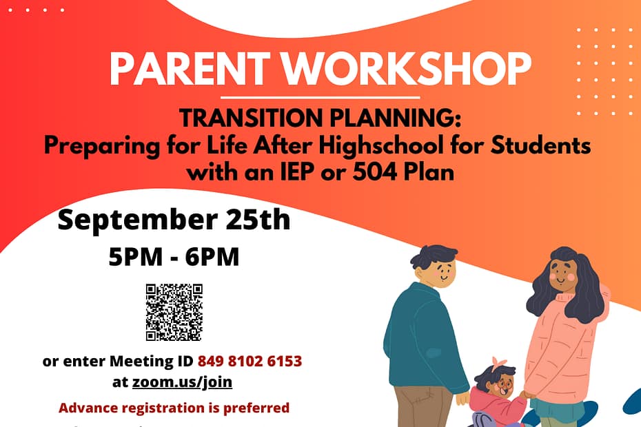 FALL 2023 PARENT WORKSHOP TRANSITION PLANNING: Preparing for Life After High School for Students with an IEP or 504 Plan. Monday, September 25th from 5 PM - 6 PM. enter Meeting ID 849 8102 6153 at zoom.us/join to Advance registration preferred. If you require an ASL Interpreter, please contact Douglas Gilmore by Monday, September 11, at 2:00p.m. at D.Gilmour@theme3.taconicresources.org